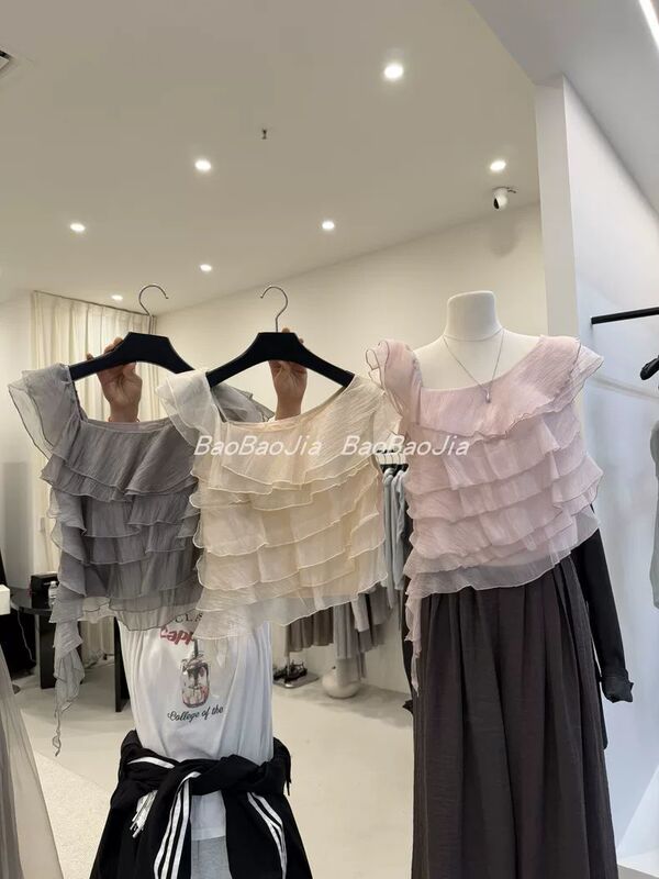 Korean Style Multi-Layered Ruffled Asymmetrical Neckline Off-Shoulder Top for Women, 2026 Summer New Slim-Fit Short Blouse Korean Style Multi-Layered Ruffled Asymmetrical Neckline Off-Shoulder Top for Women, 2026 Summer New Slim-Fit Short Blouse