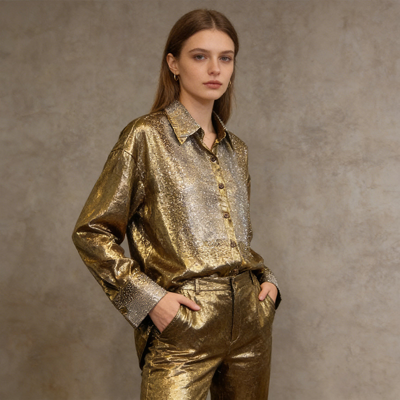 Light Luxury Retro Style Metal Gold Stamping and Rhinestone Shirt, 2026 Summer New Women's Turn-Down Collar Long-Sleeve Loose Long Top Light Luxury Retro Style Metal Gold Stamping and Rhinestone Shirt, 2026 Summer New Women's Turn-Down Collar Long-Sleeve Loose Long Top