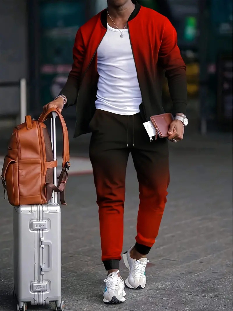 Versión coreana de la chaqueta con cremallera de estilo Pi Shuai Hong Kong de diseño de dos piezas degradado estilo popular pantalones WL9-ML1