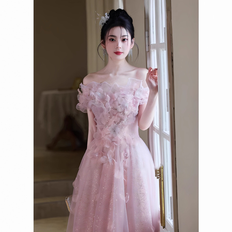 Pink Evening Dress for Women 2026 New Style High-End Luxury Niche High-End Birthday Party Engagement Toast Dress Bride Pink Evening Dress for Women 2026 New Style High-End Luxury Niche High-End Birthday Party Engagement Toast Dress Bride