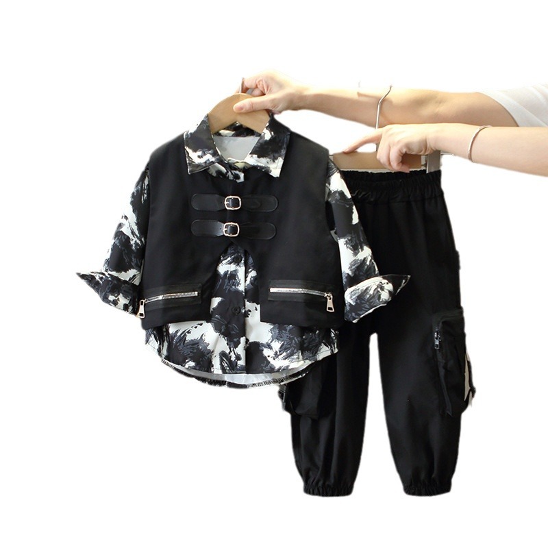 5916 Traje de otoño para niños 2024 Nuevo estilo para niños Ropa de moda coreana Camisa de primavera y otoño para niños Traje de tres piezas