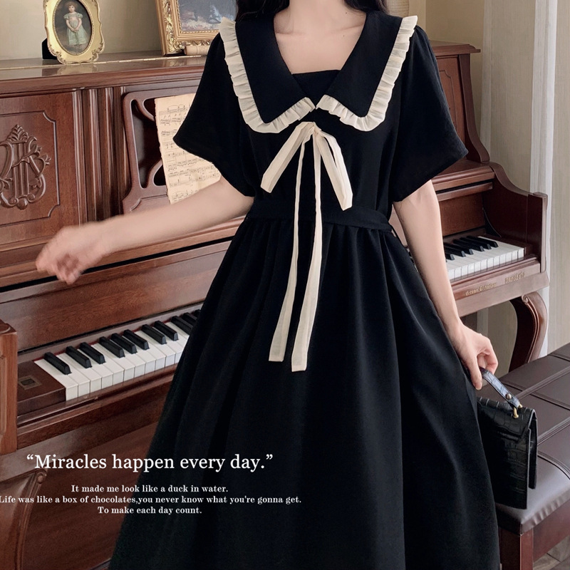 Plus Size Fat mm Age-Reducing Girl Preppy Style Doll Collar Dress Summer Waist Slimming Look Black Short-Sleeved Long Skirt Plus Size Fat mm Age-Reducing Girl Preppy Style Doll Collar Dress Summer Waist Slimming Look Black Short-Sleeved Long Skirt