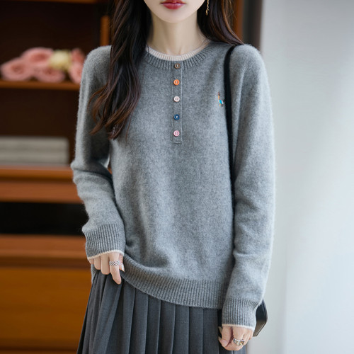 100% Pure Wool Women's Crew Neck Embroidered Pseudo-Two-Piece Base Shirt Autumn/Winter Loose Matchable Soft Hooded Sweater