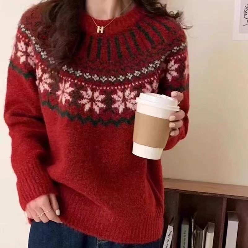 2025 Autumn and Winter Christmas Style Lazy Soft Round Neck Knit Sweater Retro Jacquard Red Fair Isle Sweater for Women 2025 Autumn and Winter Christmas Style Lazy Soft Round Neck Knit Sweater Retro Jacquard Red Fair Isle Sweater for Women
