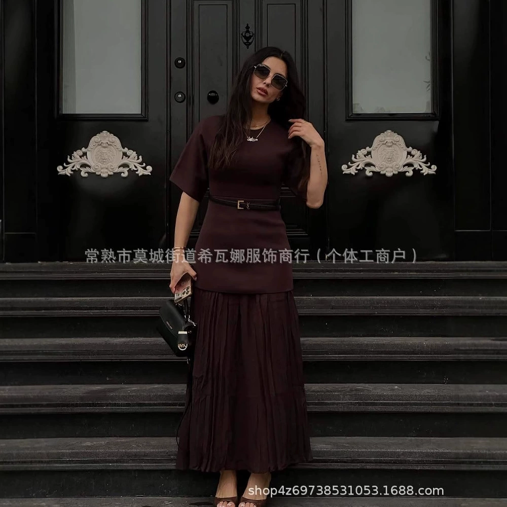 Трансграничная европейская и американская женская одежда AliExpress взрываются темпераментные модные шифоновые сшитые платья с короткими рукавами и круглыми рукавами