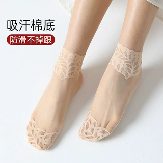 袜子女春秋薄款丝袜棉底夏季透气网纱中筒短袜ins潮蕾丝花边袜子