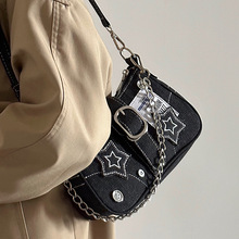 y2k千禧星星牛仔腋下包纽扣装饰时尚潮流小众设计刺绣帆布手提包