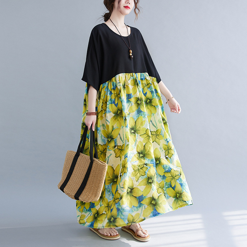 实拍现货外贸长款#新款拼色花色棉料大码胖MM遮肉圆领连衣裙