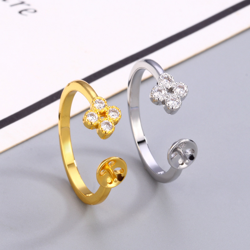 Factory direct micro inlaid zircon four-leaf clover ring women's DIY pearl empty holder opening ring diy jewelry
