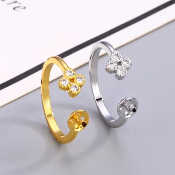 Factory direct micro inlaid zircon four-leaf clover ring women's DIY pearl empty holder opening ring diy jewelry