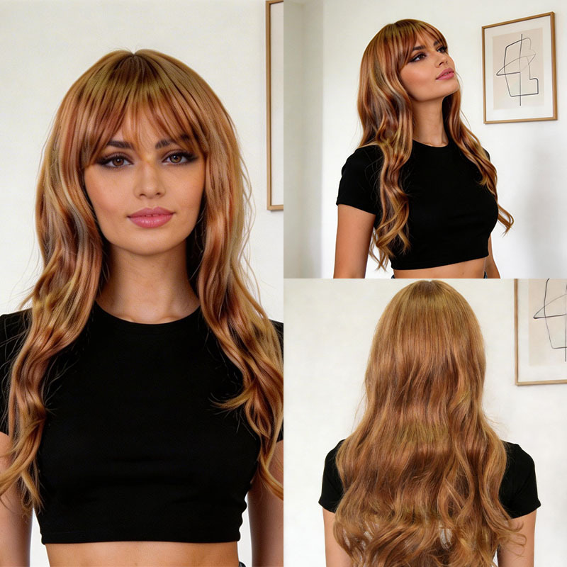 European and American Cross-Border Gradient Brown Medium-Length Wavy Hair with Full Bangs and Dyed Top, Full Head Wig Wholesale Wig European and American Cross-Border Gradient Brown Medium-Length Wavy Hair with Full Bangs and Dyed Top, Full Head Wig Wholesale Wig