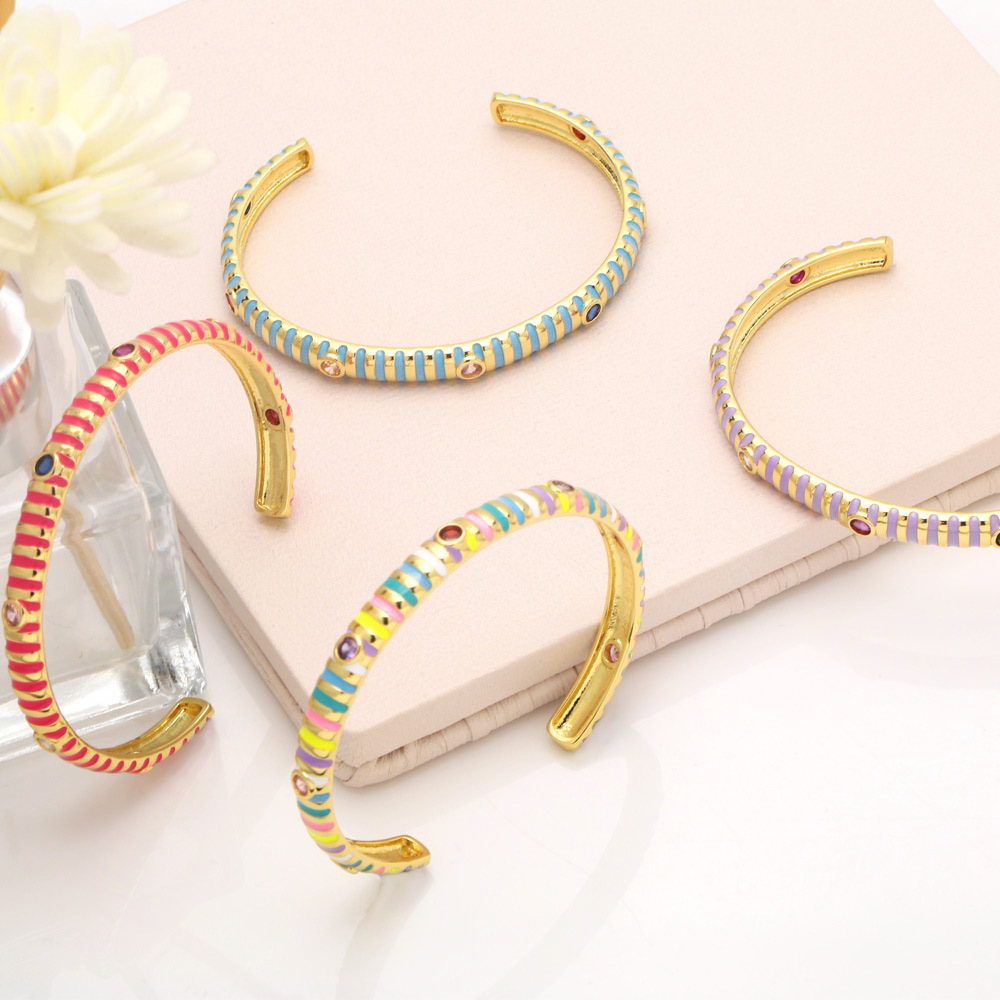 Fashion Simple Female Bohemian Multicolor Zircon Drop Oil Open-Ended Copper Bracelet