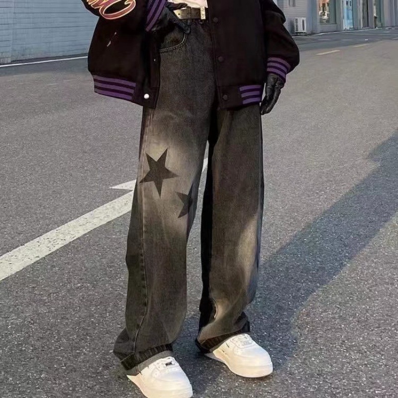 Pantalones de mezclilla rectos de la calle alta de Europa y América ins marca de moda de los hombres estrella de cinco puntas pantalones de pierna ancha drapeado más tamaño frito calle papá pantalones