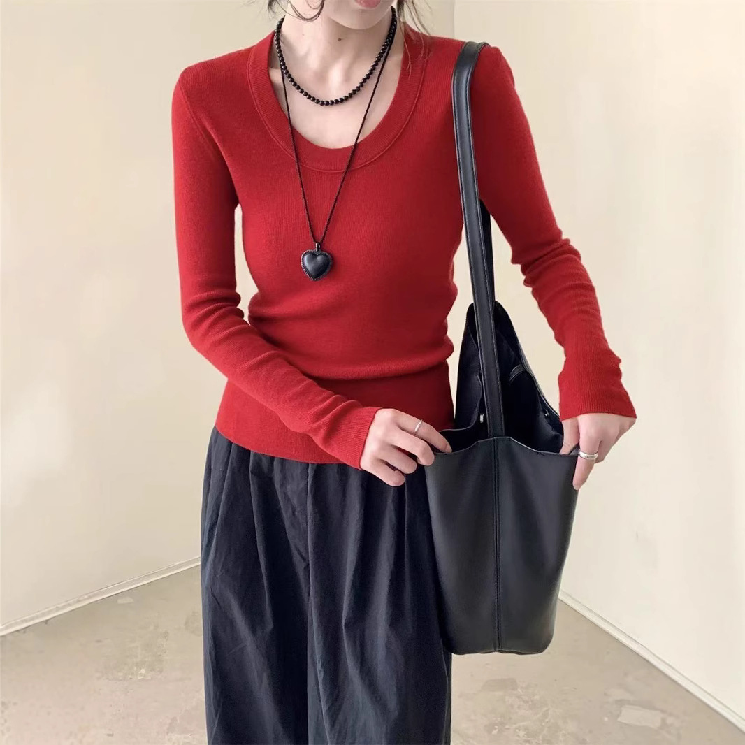 가을과 겨울 긴소매 U넥 솔리드 컬러 하이 엔드 미니멀리스트 한국식 풀오버 스웨터베이스 간단한 긴팔 탑