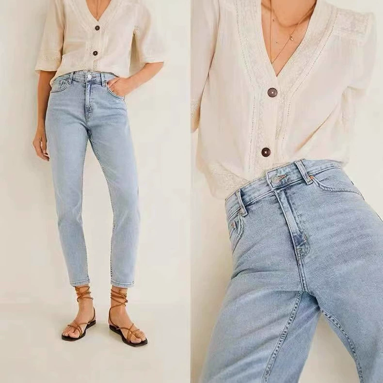 Трансграничный источник AliExpress светло-голубые джинсы со средней талией, однотонные узкие укороченные брюки