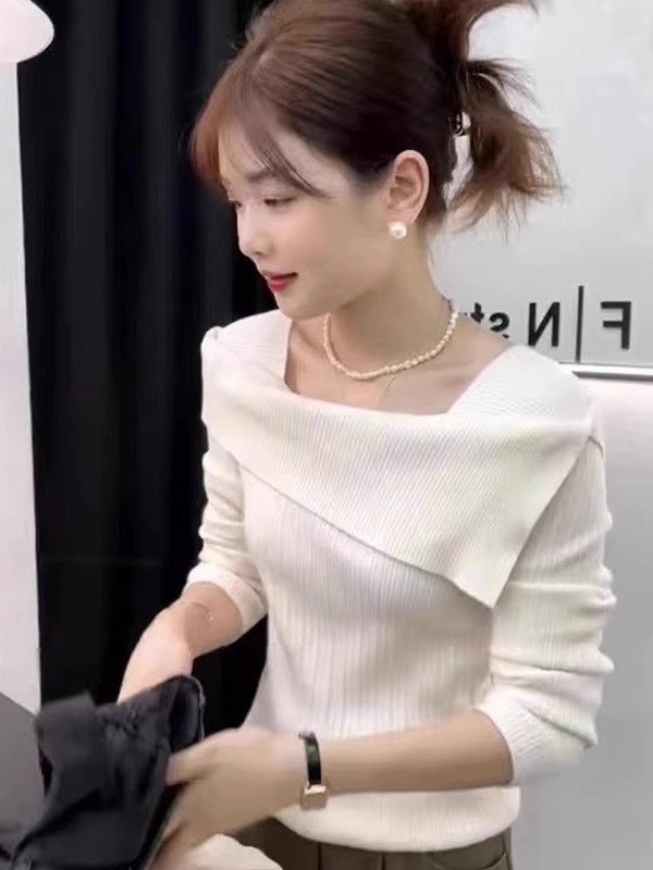 2025新款韩版气质感毛衣女早秋冬季针织打底衫修身一字肩上衣|undefined