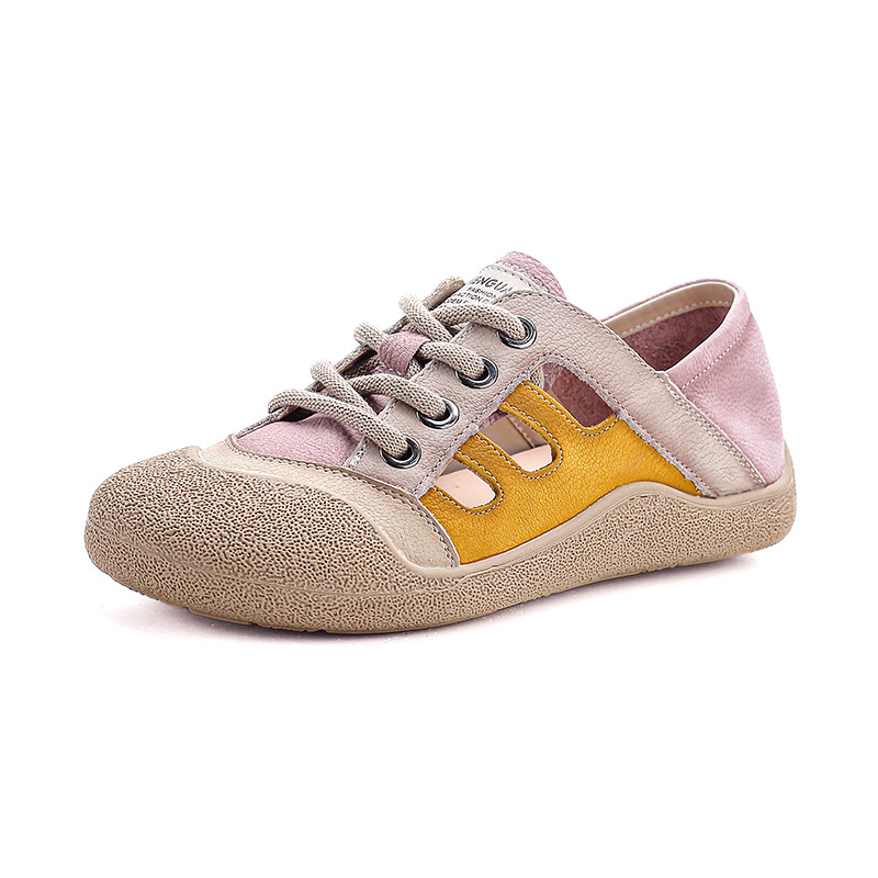 Sandal nữ da bò phối màu cổ điển, đế thấp thoáng khí — màu hồng