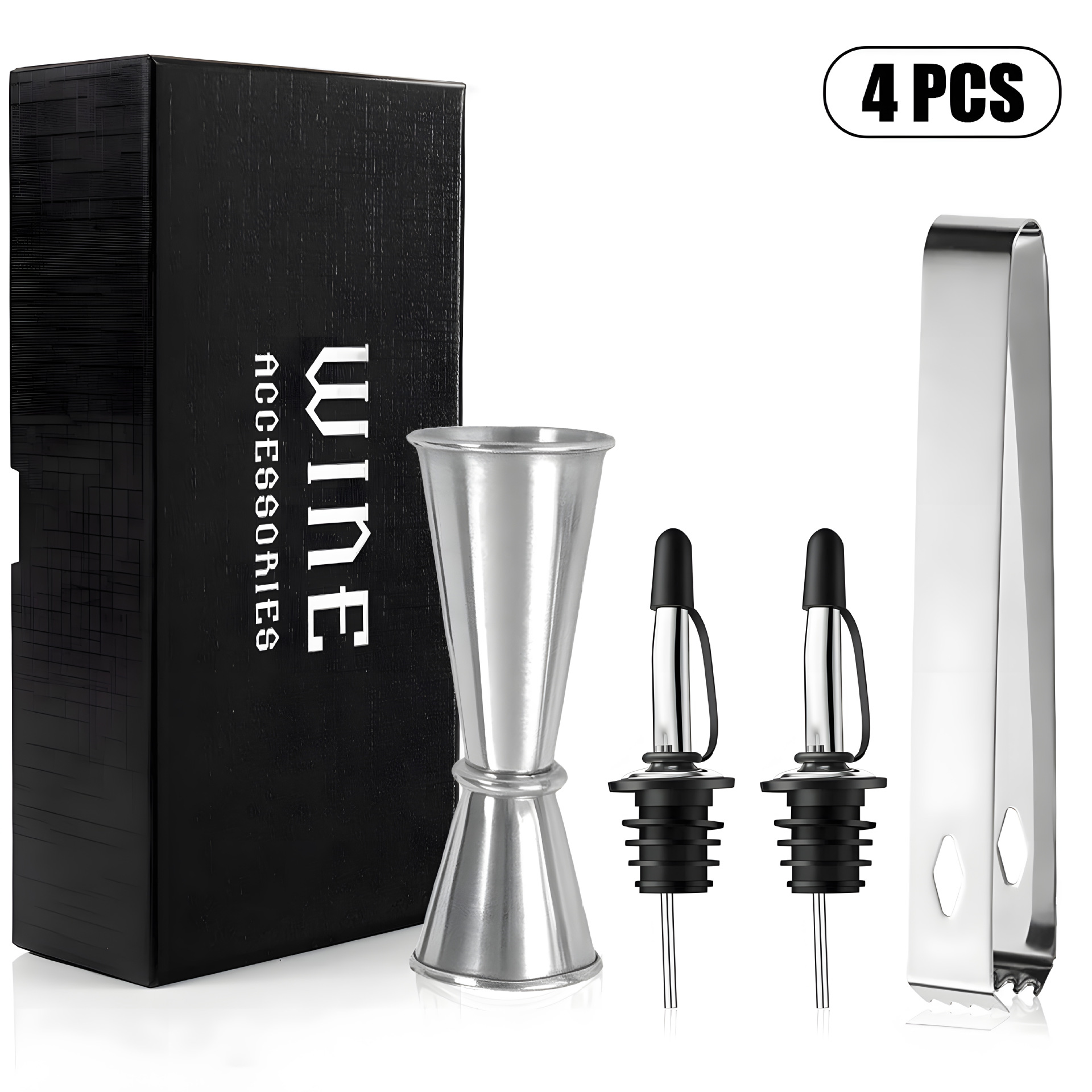 실버 바텐딩 도구 4종 세트(끈이 달린 검은색 모자 포함)