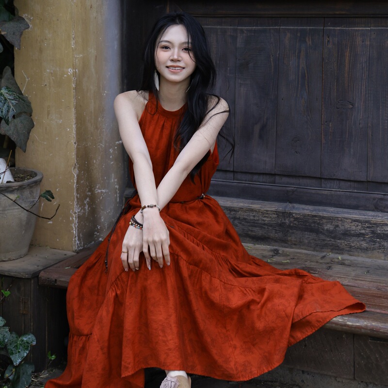 Bohemian style dark pattern halter neck long dress for travel and vacation, photo shoot dress, Yunnan travel big hem red dress Bohemian style dark pattern halter neck long dress for travel and vacation, photo shoot dress, Yunnan travel big hem red dress