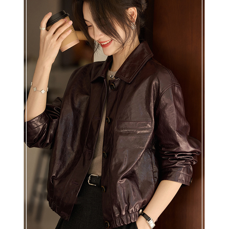 Leather Jacket Women's 2025 New High-End Small Sheepskin Jacket Short Super Soft Oil Wax Leather Jacket Winter Leather Jacket Women's 2025 New High-End Small Sheepskin Jacket Short Super Soft Oil Wax Leather Jacket Winter