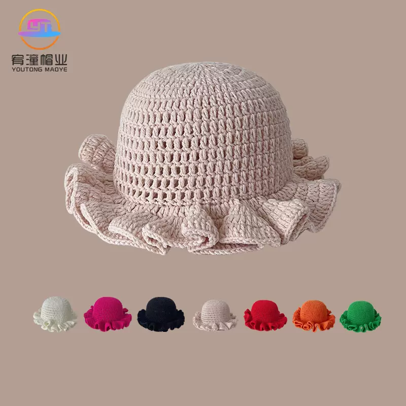 跨境新款春秋冬钩针褶皱斗笠成人花边毛线帽荷叶边套头渔夫桶帽子