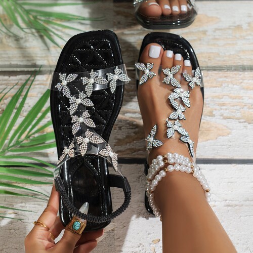 2025 Summer Fashion Mesh Beach Sandals for Women, Flat-Heeled, Breathable, Foreign Trade, Non-Slip, All-Match, with Bowknot, J-shaped Flip-Flops