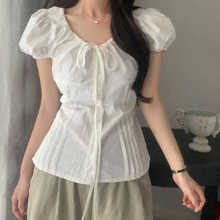 韩国chic 2025夏日新品韩系甜美圆领抽绳收腰气质百搭衬衫女上衣