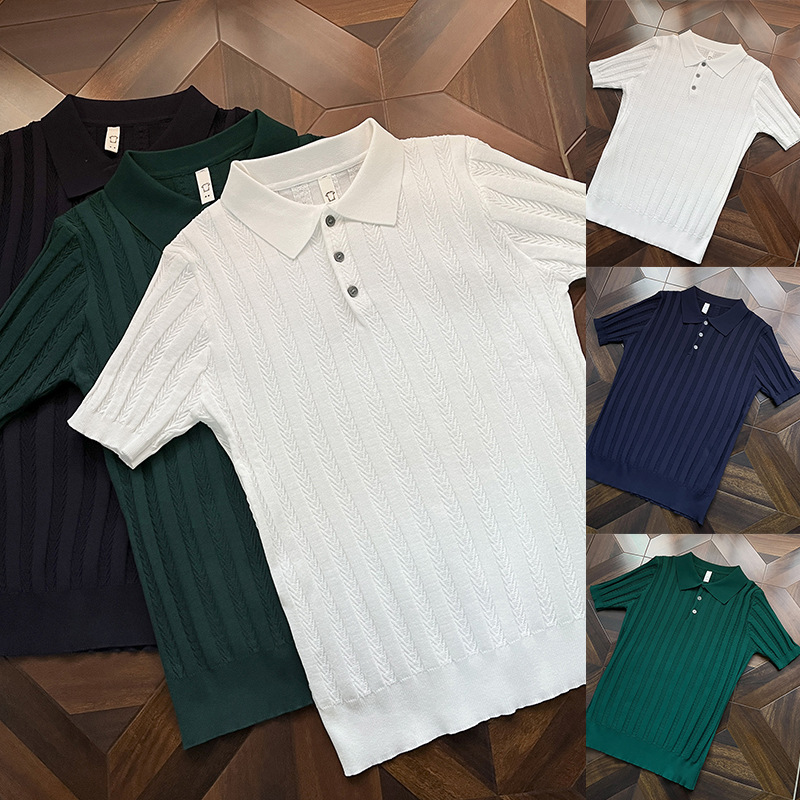 Polo camiseta de punto camiseta de manga corta hombre hueso de pescado estampado antiguo viento delgado camiseta de hielo seda de verano fábrica transfronteriza al por mayor