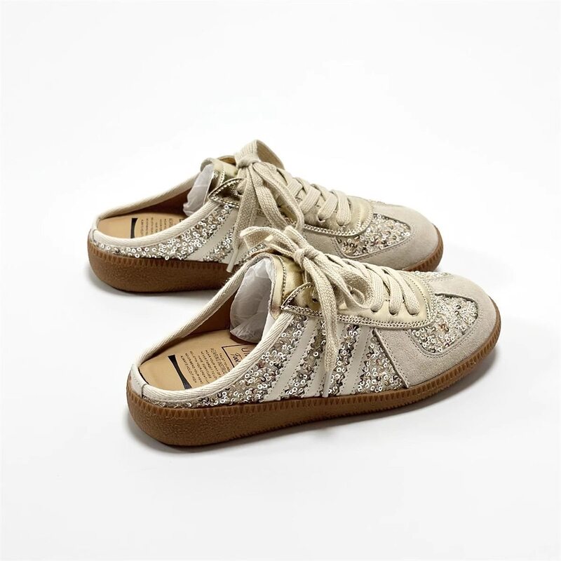 Gold Sequin Closed-Toe Mules for Women, Summer Outdoor Flat Shoes, New Chinese Style, Suitable for Pairing with Skirts, Slip-On Sandals, German Training Shoes Gold Sequin Closed-Toe Mules for Women, Summer Outdoor Flat Shoes, New Chinese Style, Suitable for Pairing with Skirts, Slip-On Sandals, German Training Shoes
