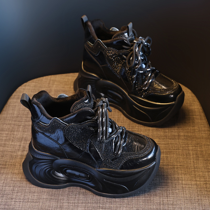 Giày sneaker nữ chunky đế dày độn cao lót nhung giữ ấm mùa đông — Màu đen lót nhung