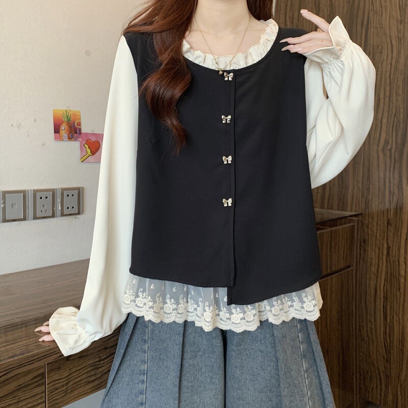 Chanel-style long-sleeve shirt for women, new spring and autumn model, plus size, slimming design, faux two-piece lace patchwork top Chanel-style long-sleeve shirt for women, new spring and autumn model, plus size, slimming design, faux two-piece lace patchwork top