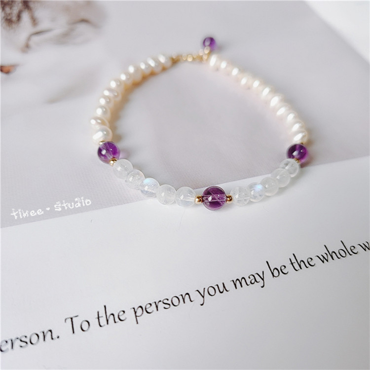 推薦紫月 天然珍珠月光石紫水晶手鏈女小清新甜美閨蜜手串