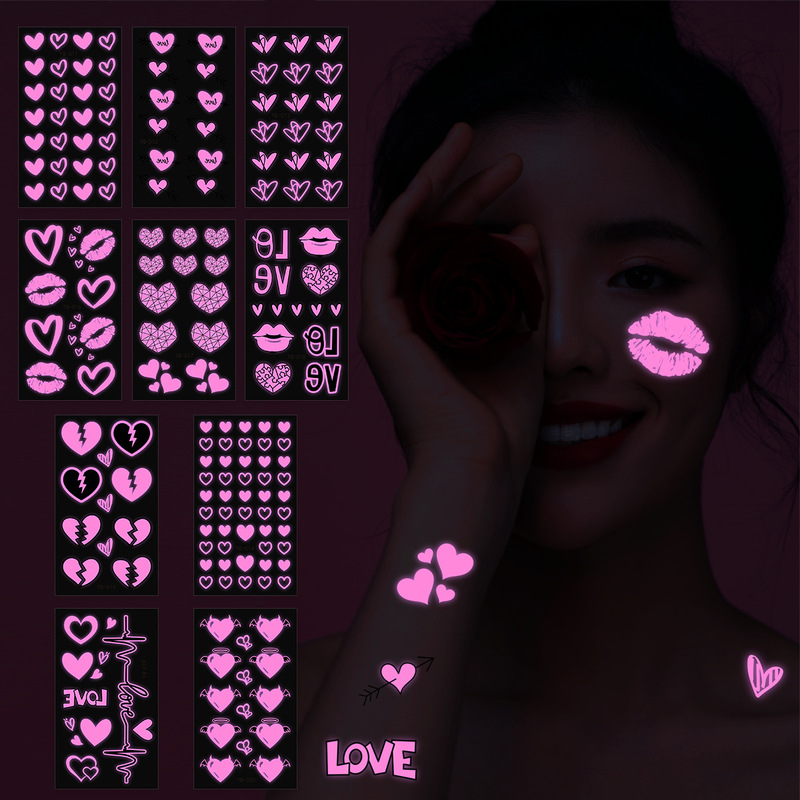 European and American Hot Selling Heart Luminous Pink Tattoo Stickers Nightclub Bar Music Festival Party Men and Women Fluorescent Tattoo Stickers European and American Hot Selling Heart Luminous Pink Tattoo Stickers Nightclub Bar Music Festival Party Men and Women Fluorescent Tattoo Stickers