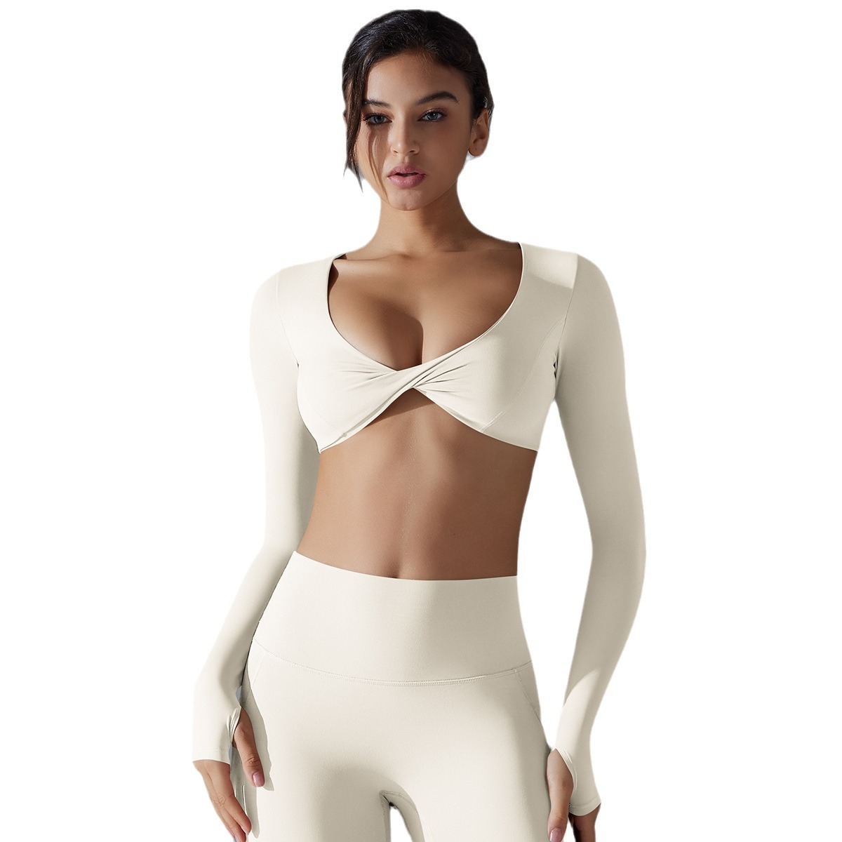 Nuevo deportivo de mangas largas ropa de fitness de cuello en V profundo delgado respirado insoles de viento umbilical ropa de yoga al aire libre chaqueta corta