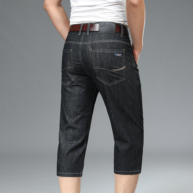 Summer Thin Ice Silk Denim Shorts for Men, Middle-Aged Elastic Men's Shorts, Loose High-Waisted 7/8 Pants for Dad