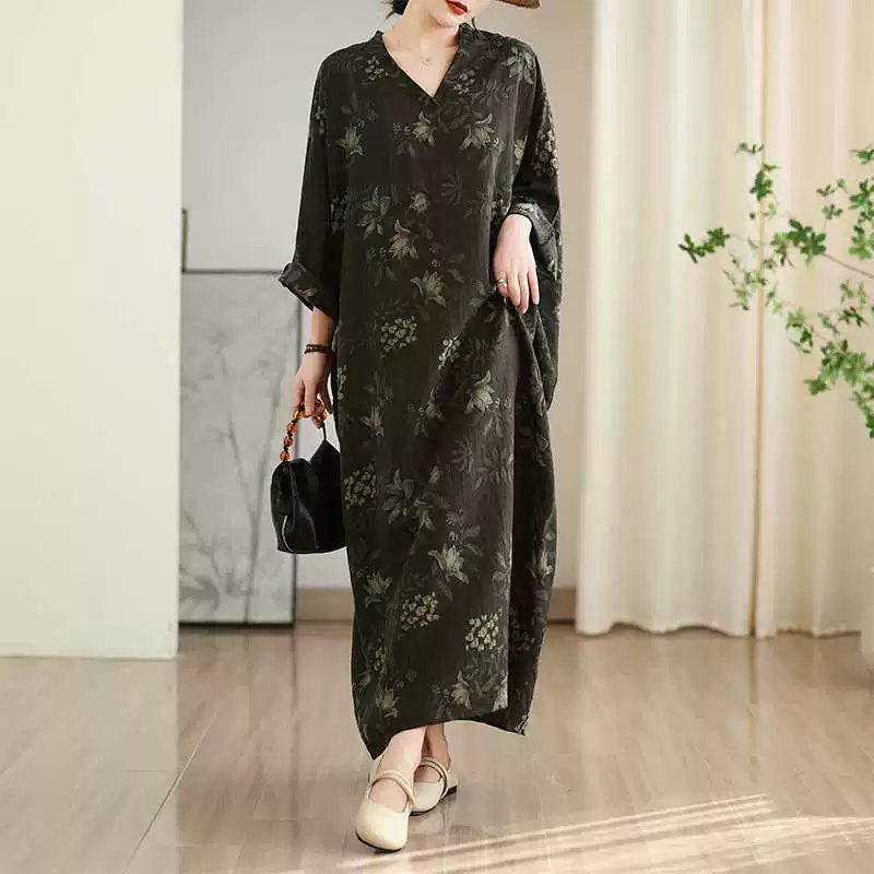 Spring dress, Korean style, plus size, V-neckline, cotton and linen