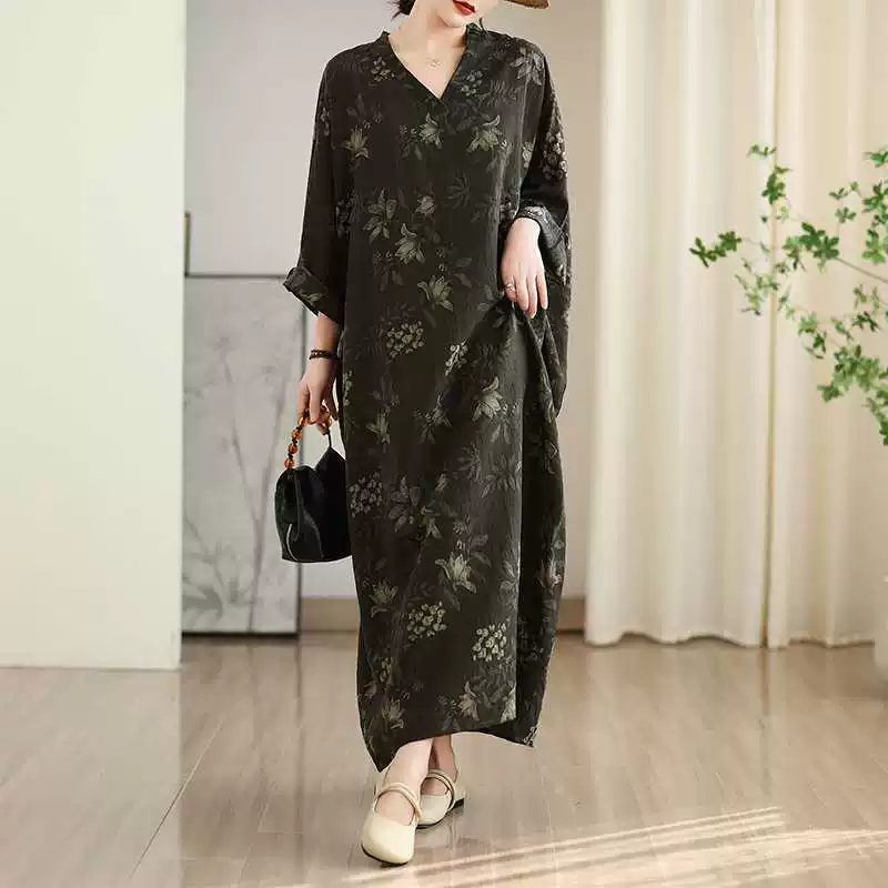 Spring dress, Korean style, plus size, V-neckline, cotton and linen