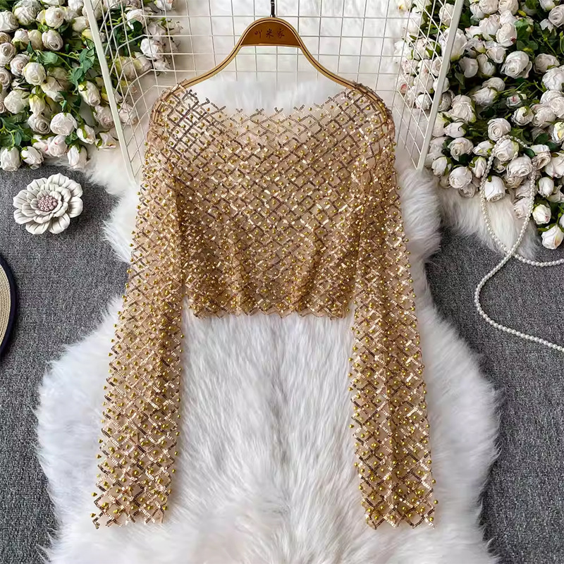 European Style Heavy Beading Sequin Round Neck Long Sleeve T-Shirt for Women, New Elegant Slim-Fit Short Top European Style Heavy Beading Sequin Round Neck Long Sleeve T-Shirt for Women, New Elegant Slim-Fit Short Top