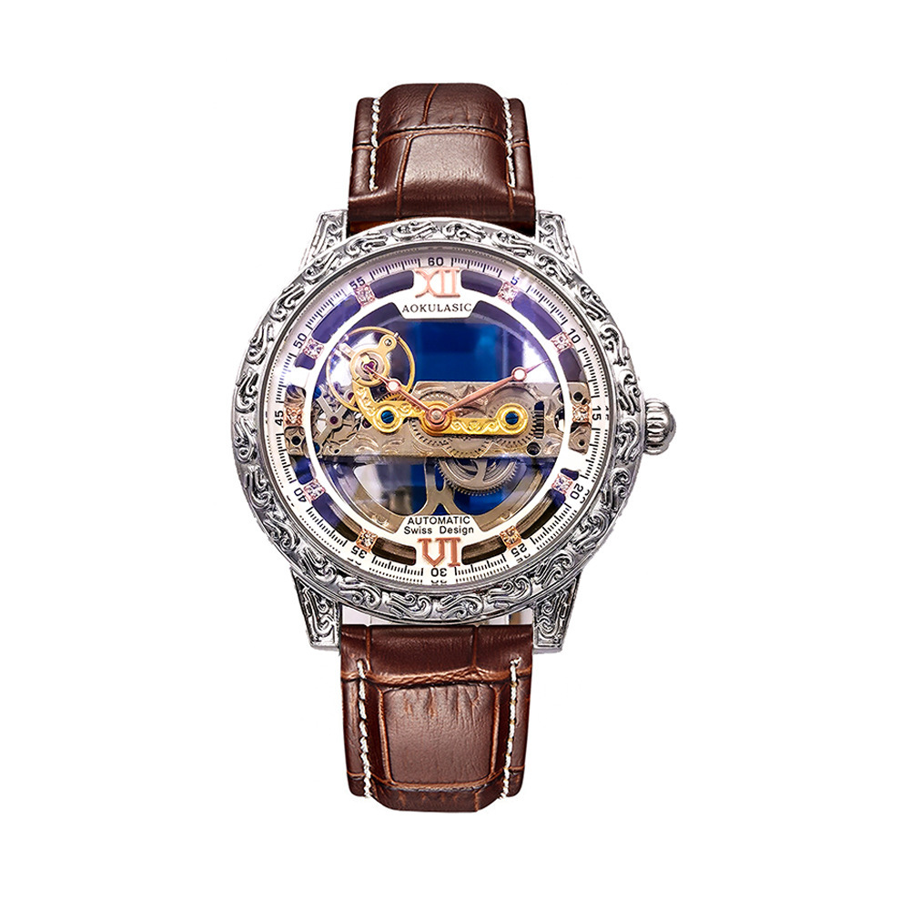 Oglas AOKULASIC reloj mecánico automático de los hombres de doble cara hueco tallado vintage impreso reloj 2120