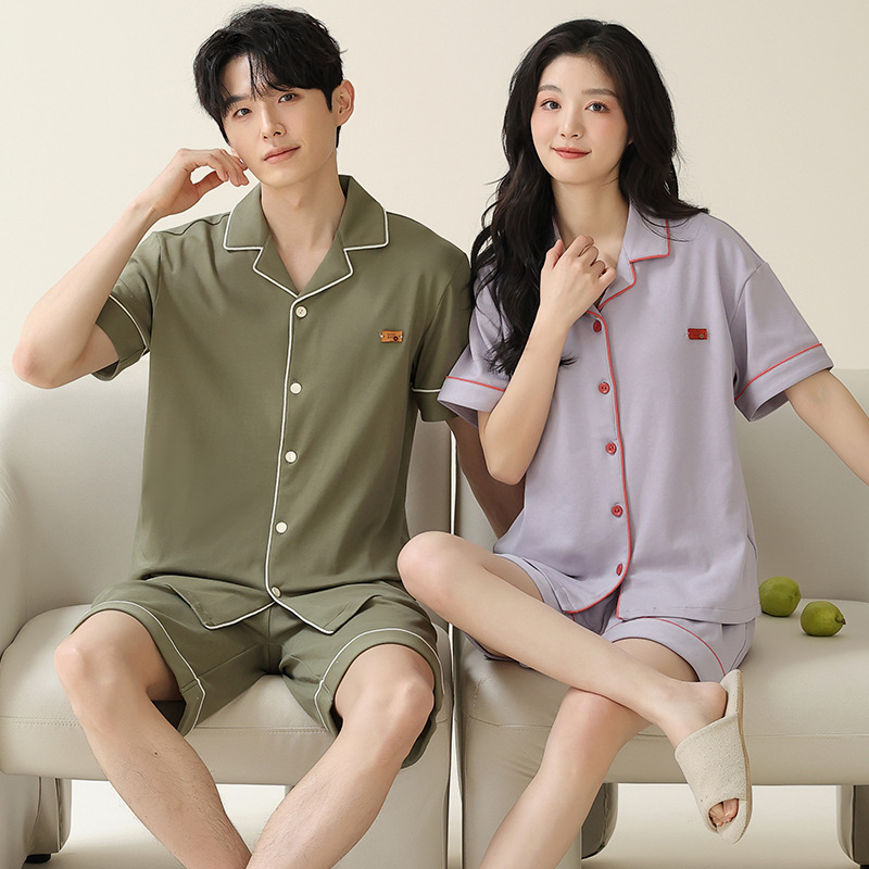 Pajamas de pareja simple mujeres verano 2024 nuevo delgado pantalones cortos de mangas cortas con solapa de algodón para hombres set de ropa de hogar