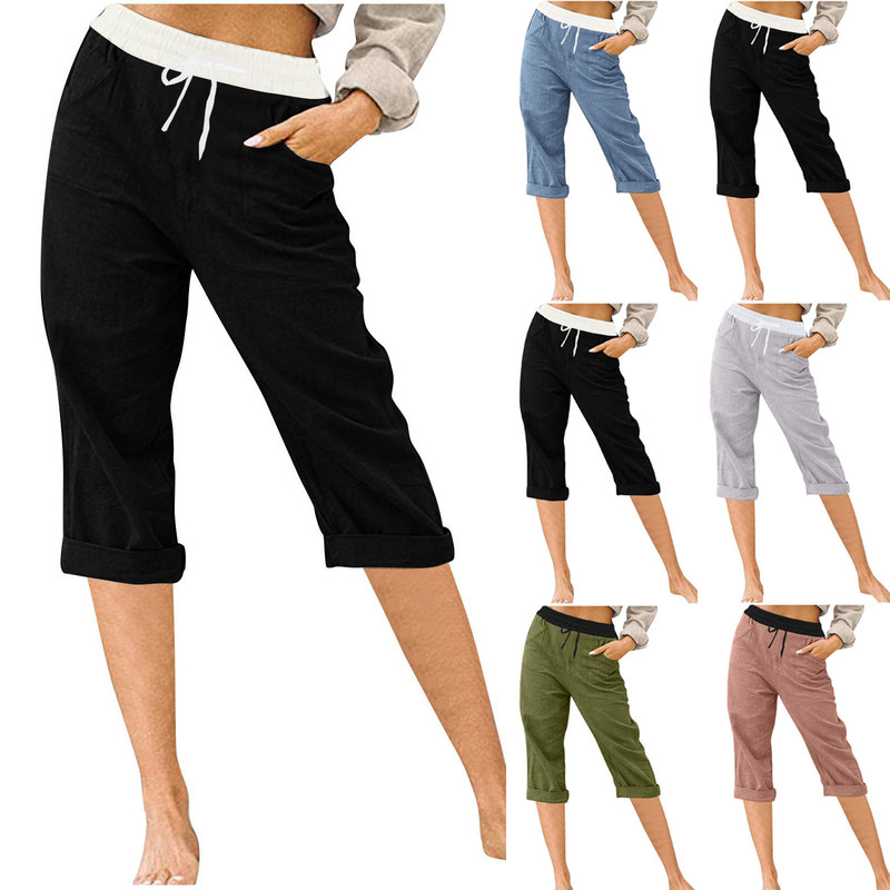 2024 Europe and the United States cross-border Amazon independent station women's cotton and linen pocket elastic casual pants women's pants cropped pants