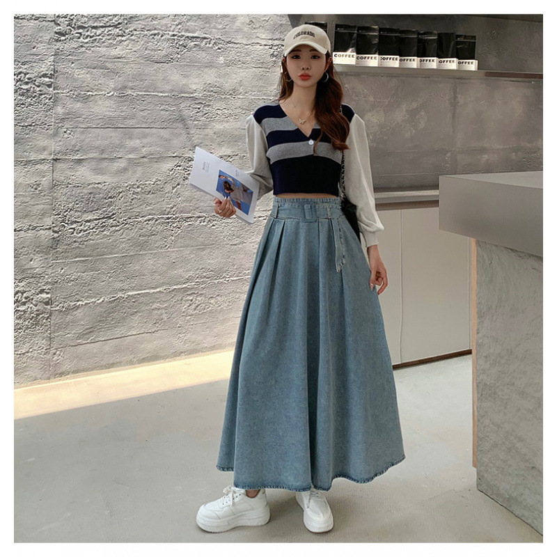 フランスのレトロな腰の高いデニムのスカートの女性の秋の新型のカジュアルでゆったりしていて、痩せています。|undefined
