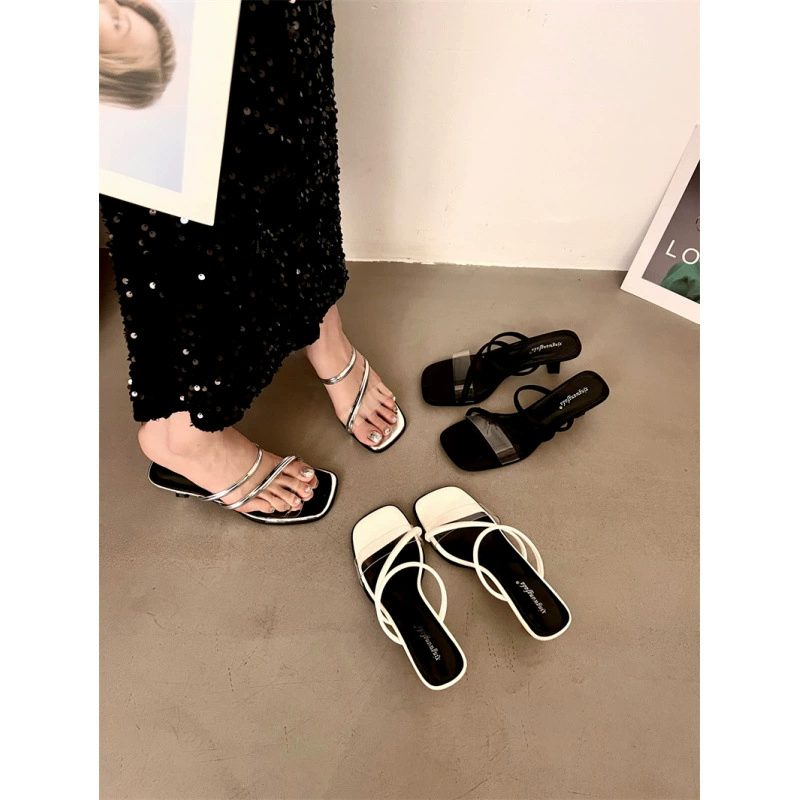 Прозрачные босоножки на шпильке, лето 2025, французский новый стиль, средний каблук, открытый носок, высокие каблуки, женская обувь для улицы, сказочные шлепанцы