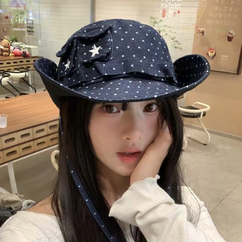 Polka Dot Denim Star Embroidery Bucket Hat for Women with Personality, Pocket, Ribbon, Sweet Cool Spicy Girl Style, Large Brim Sun Hat Polka Dot Denim Star Embroidery Bucket Hat for Women with Personality, Pocket, Ribbon, Sweet Cool Spicy Girl Style, Large Brim Sun Hat