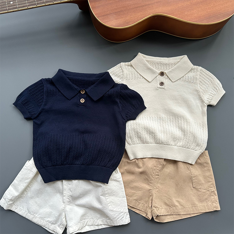 Boys Summer Ice Silk Cut Out Short-Sleeved 2025 New Kidsren's Baby Korean Style Casual Polo Knitwear T-Shirt Boys Summer Ice Silk Cut Out Short-Sleeved 2025 New Kidsren's Baby Korean Style Casual Polo Knitwear T-Shirt