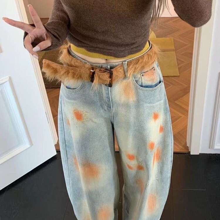 美式大码设计感水洗做旧脏染牛仔裤子女辣妹复古宽松破洞弯刀长裤|undefined