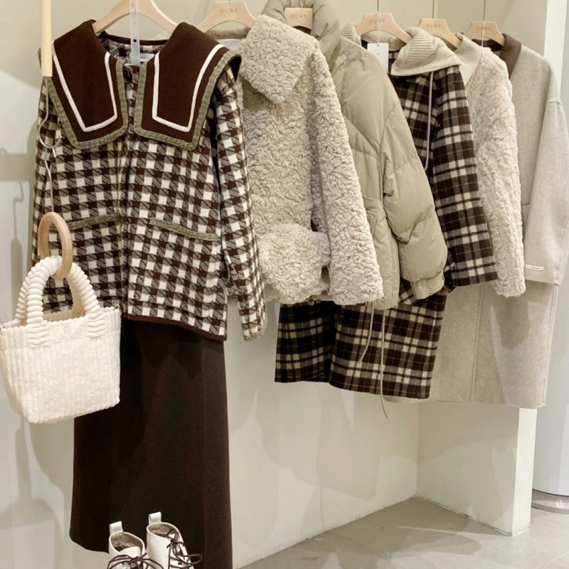 杭州四季青法式复古千鸟格纹单排扣休闲毛呢短款装上衣批发