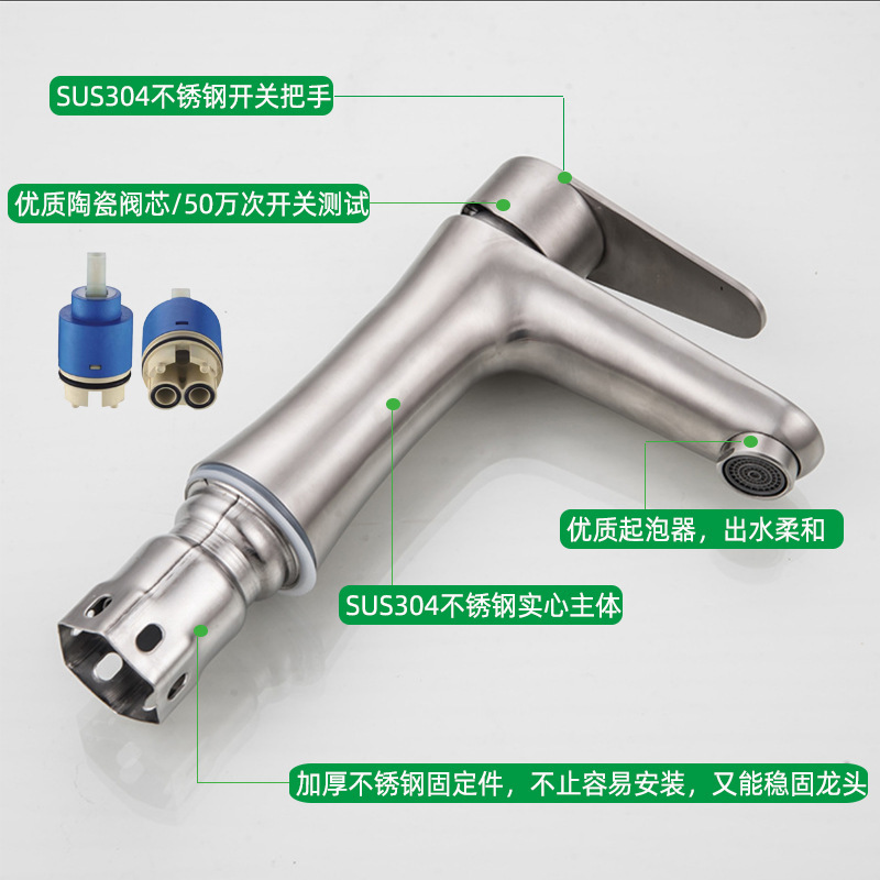 卸売304ステンレス鋼冷温洗面器蛇口、ブラッシュド仕上げセラミックバルブ芯、洗面器用冷温小型蛇口|undefined