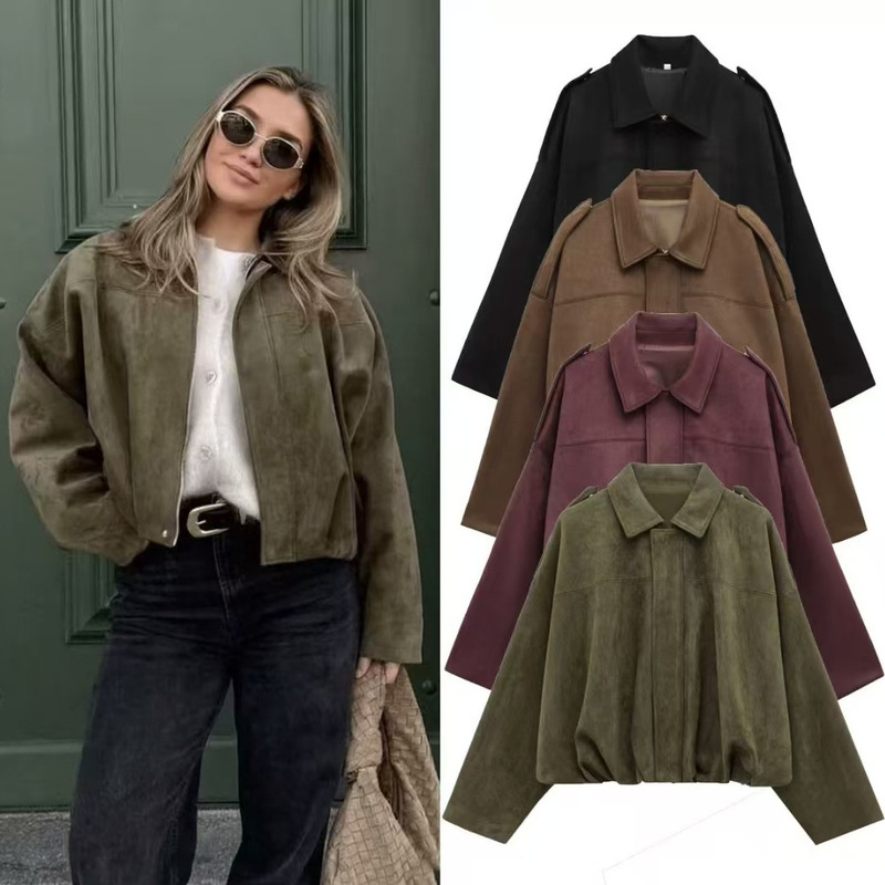 Cross-Border Wholesale European and American Women's Clothing Pilot Batwing Sleeve Zipper Casual Top Loose Suede Texture Jacket for Women
