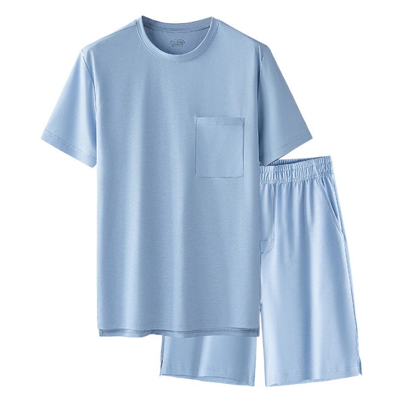Conjunto de pijamas finos de color puro para hombre de primavera y verano de algodón mercerizado de 80 unidades, sensación fresca y antiarrugas, pantalones cortos de manga corta disponibles